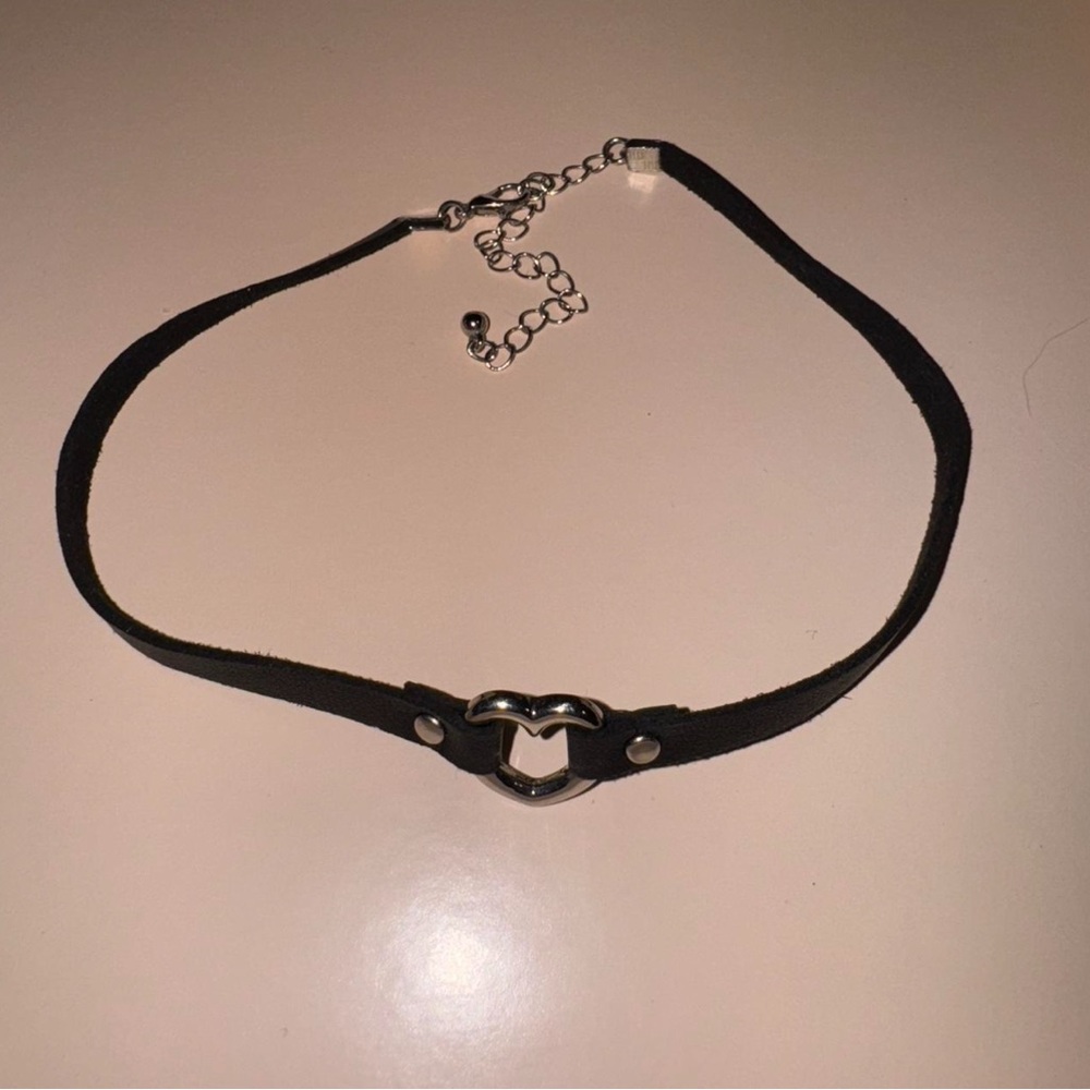 Black Choker Necklace with Silver Heart